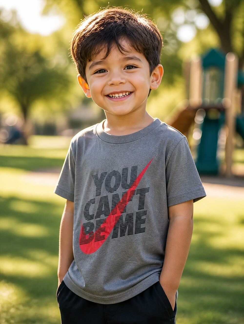 Nike Boys Size 4 Dri-FIT You Can't Be Me Swoosh Graphic Tee Gray Red Athleisure